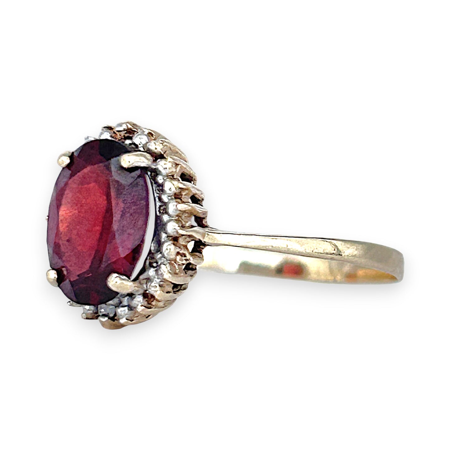 GOLD DEAL | 10ct (10K) Gold Ember Garnet & Diamond Halo Ring Size L 1/2