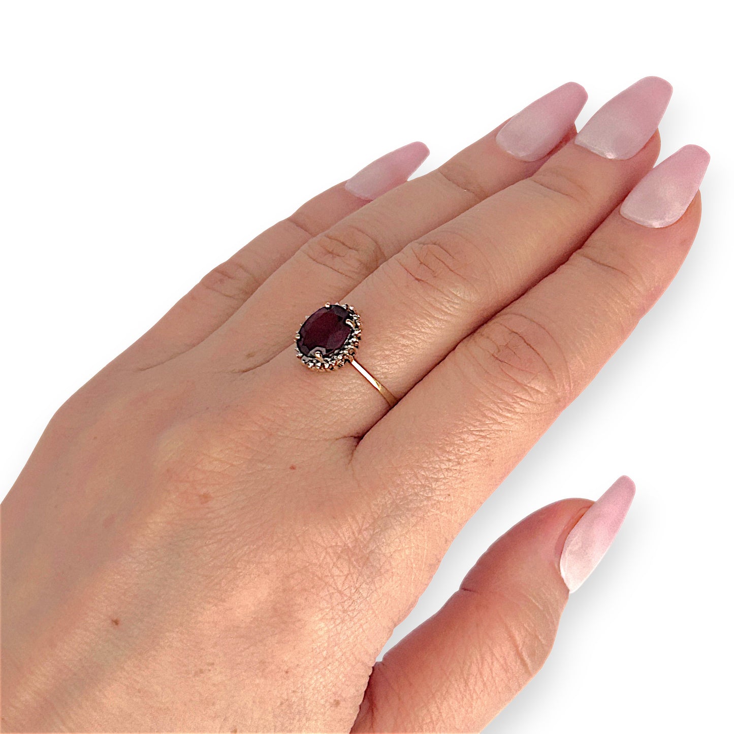 GOLD DEAL | 10ct (10K) Gold Ember Garnet & Diamond Halo Ring Size L 1/2