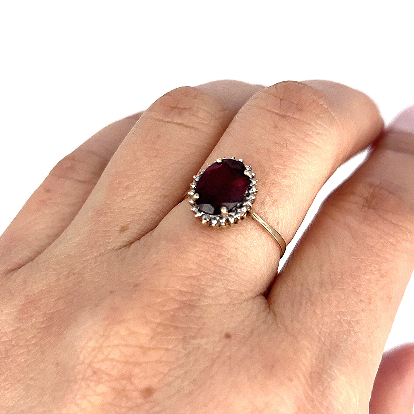 GOLD DEAL | 10ct (10K) Gold Ember Garnet & Diamond Halo Ring Size L 1/2