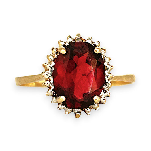 GOLD DEAL | 10ct (10K) Gold Ember Garnet & Diamond Halo Ring Size L 1/2
