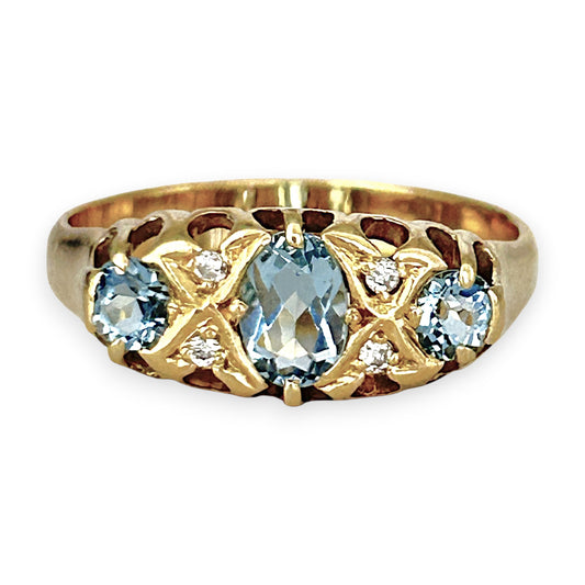 GOLD DEAL | 18ct (18K) Gold Aquamarine & Diamond Trilogy Refurbished Ring Valuation $3,250