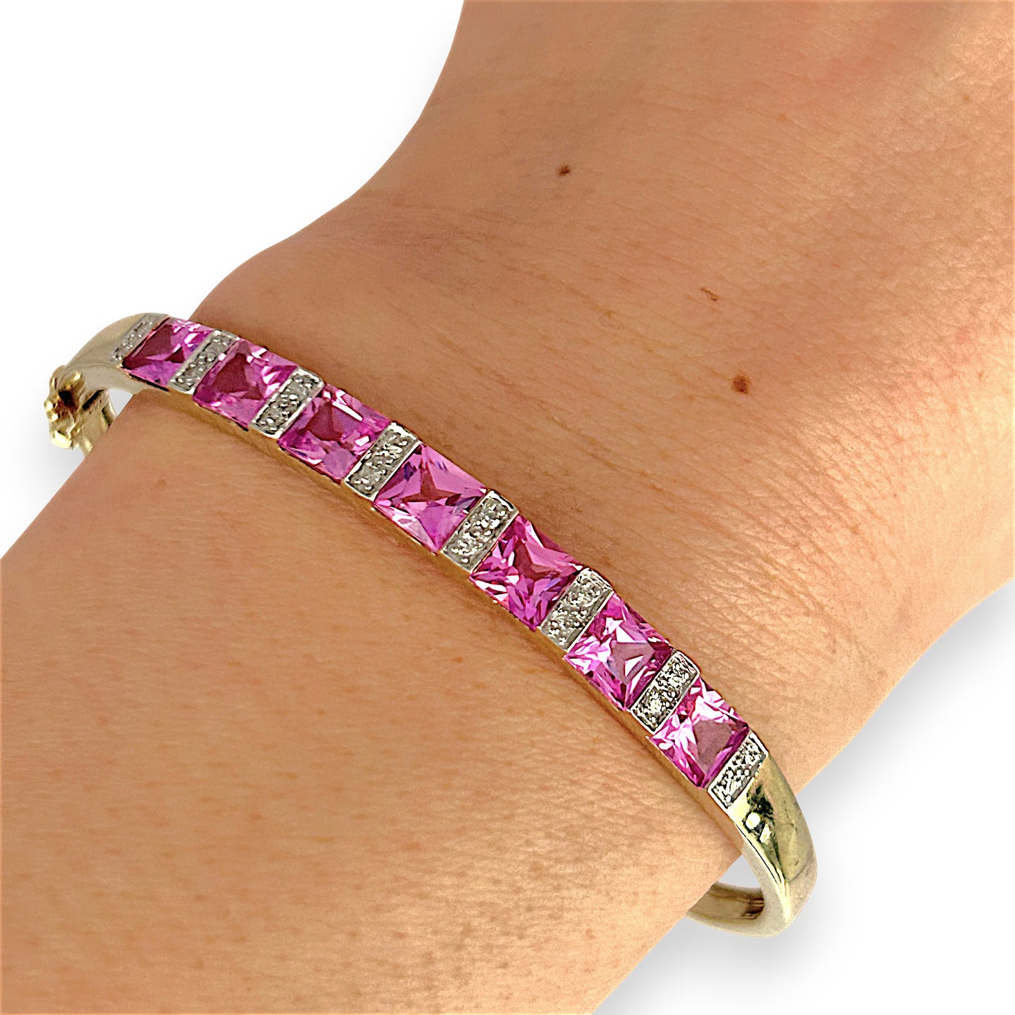 GOLD DEAL | 9ct (9K) Gold Refurbished Pink Sapphire & Diamond Oval Bangle 64.3mm Valuation $3,200