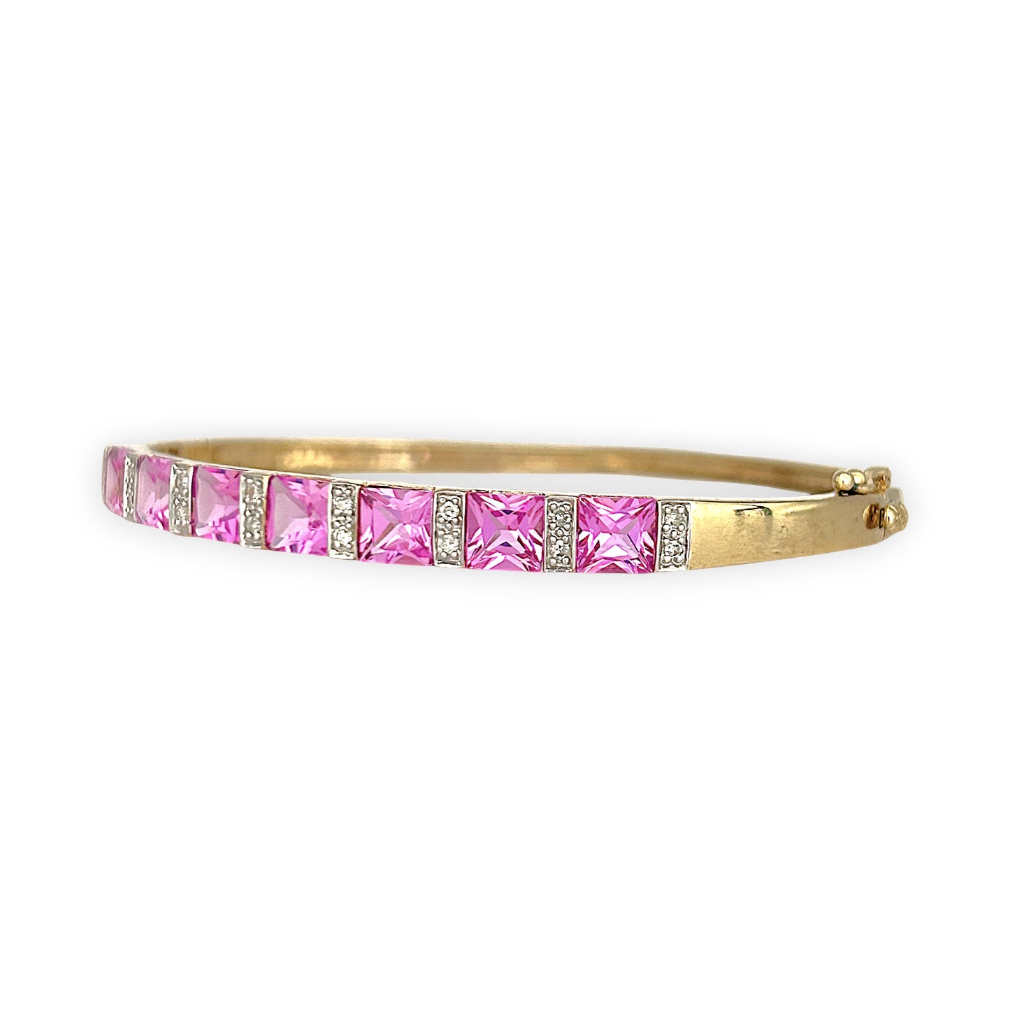 GOLD DEAL | 9ct (9K) Gold Refurbished Pink Sapphire & Diamond Oval Bangle 64.3mm Valuation $3,200