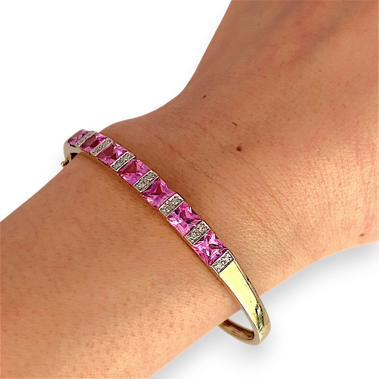 GOLD DEAL | 9ct (9K) Gold Refurbished Pink Sapphire & Diamond Oval Bangle 64.3mm Valuation $3,200