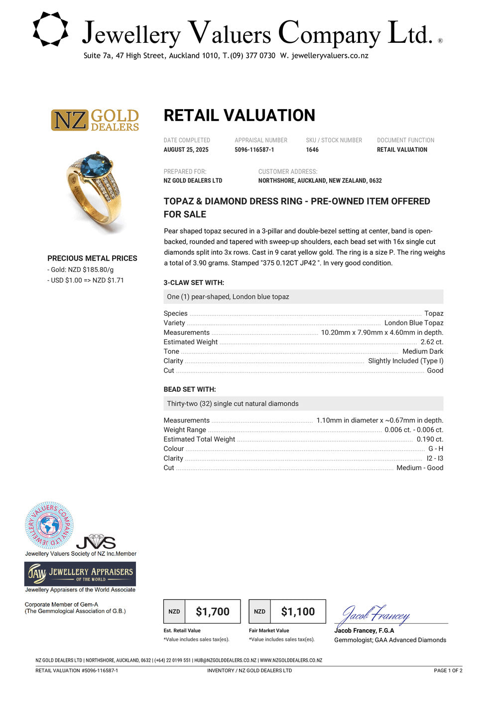 GOLD DEAL | 9ct (9K) Gold Refurbished Topaz & Diamond Dress Ring Size P Valuation $1,700