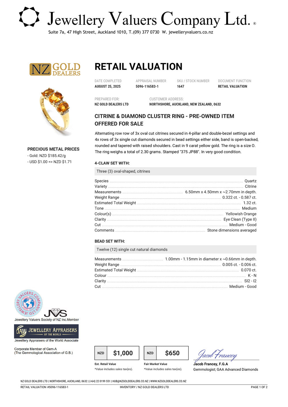 GOLD DEAL | 9ct (9K) Gold Citrine & Diamond Cluster Refurbished Ring Size O Valuation $1,000