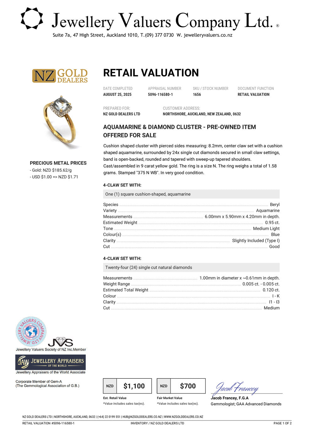 GOLD DEAL | 9ct (9K) Gold Affluent Elegance Aquamarine & Diamond Cluster Ring Valuation $1,100