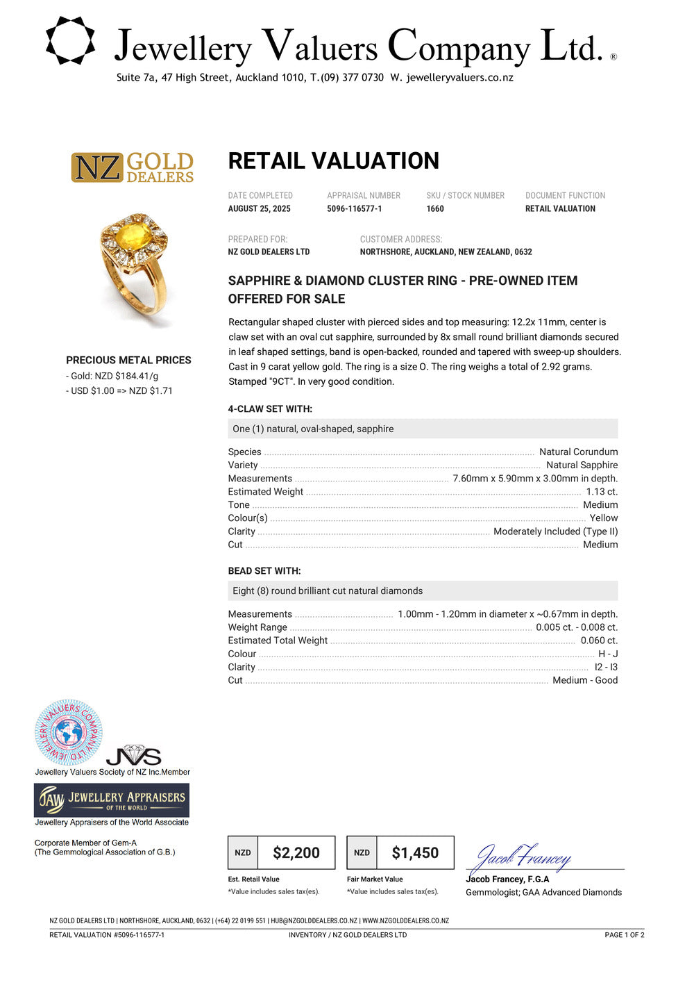 GOLD DEAL | 9ct (9K) Gold Regal Yellow Sapphire & Diamond Cluster Ring Valuation $2,200