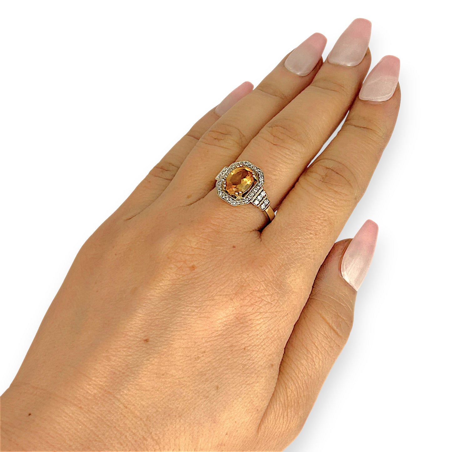 GOLD DEAL | 9ct (9K) Gold Radiant Warm Citrine & Diamond Halo Ring Valuation $2,200