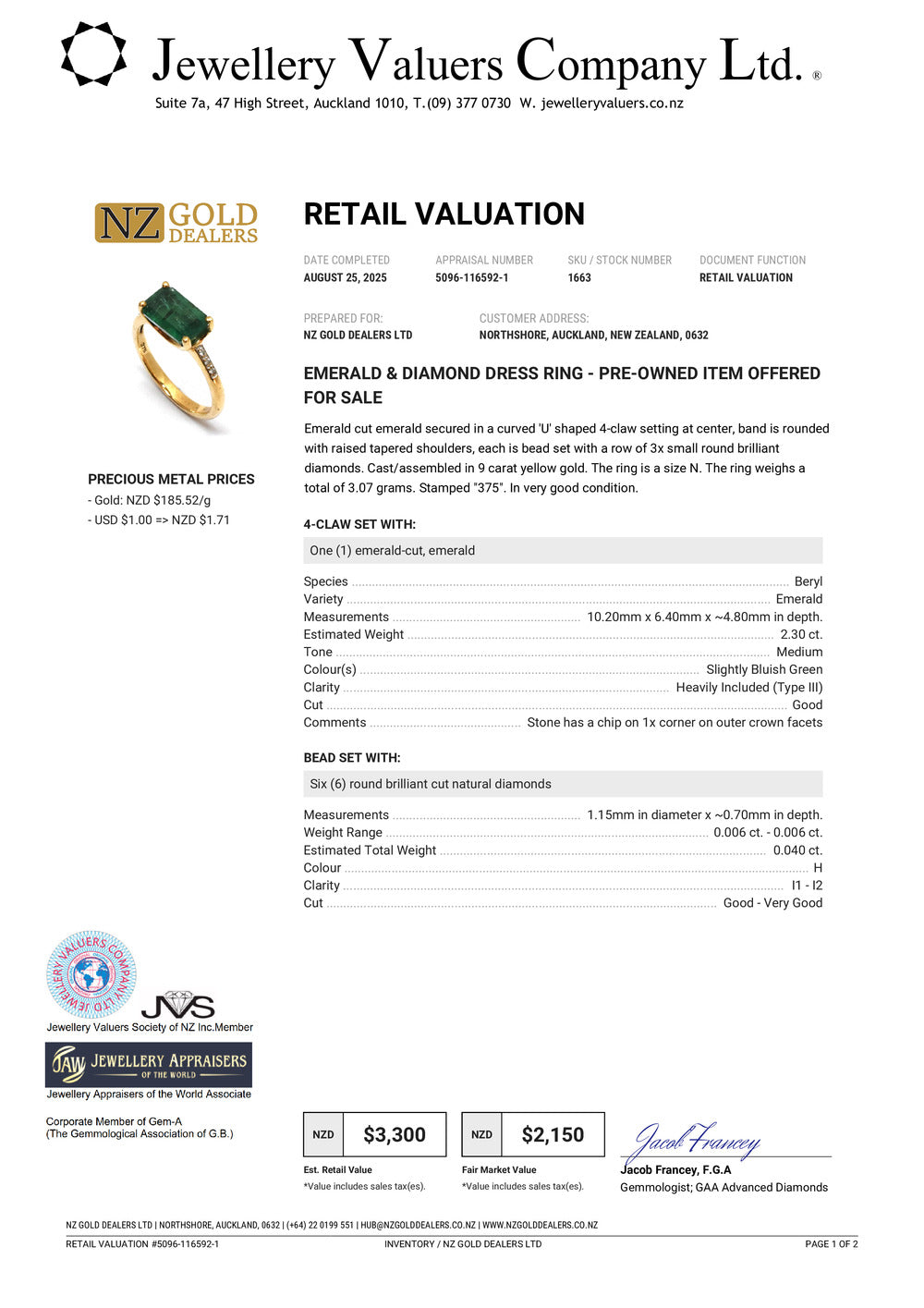 GOLD DEAL | 9ct (9K) Gold Regal Radiant Emerald & Diamond Dress Ring Valuation $3,300