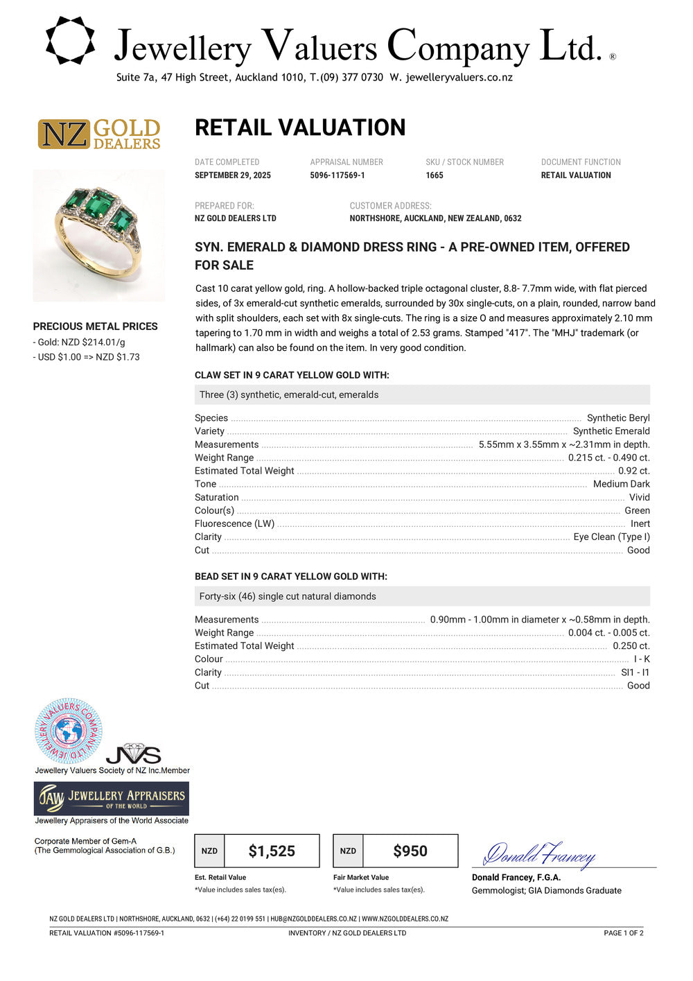 GOLD DEAL | 10ct (10K) Gold Michael Hill Emerald Radiance with Diamond Ring Valuation $1,525