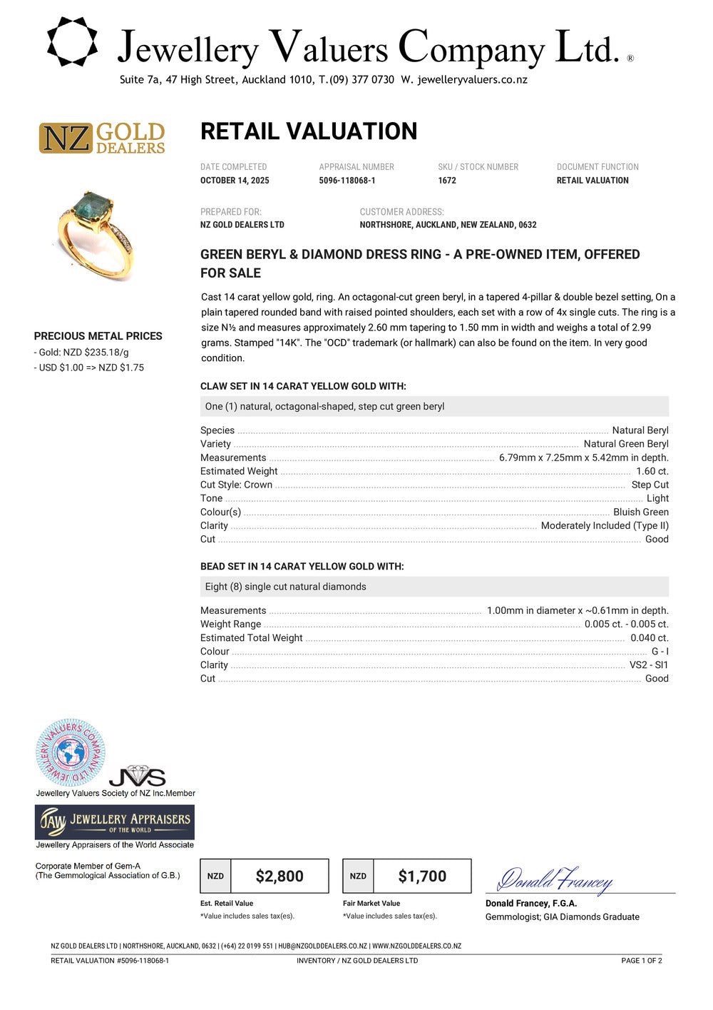 XMAS DEAL | 14kt Gold Peaceful Radiance Green Beryl Ring Valuation $2,800