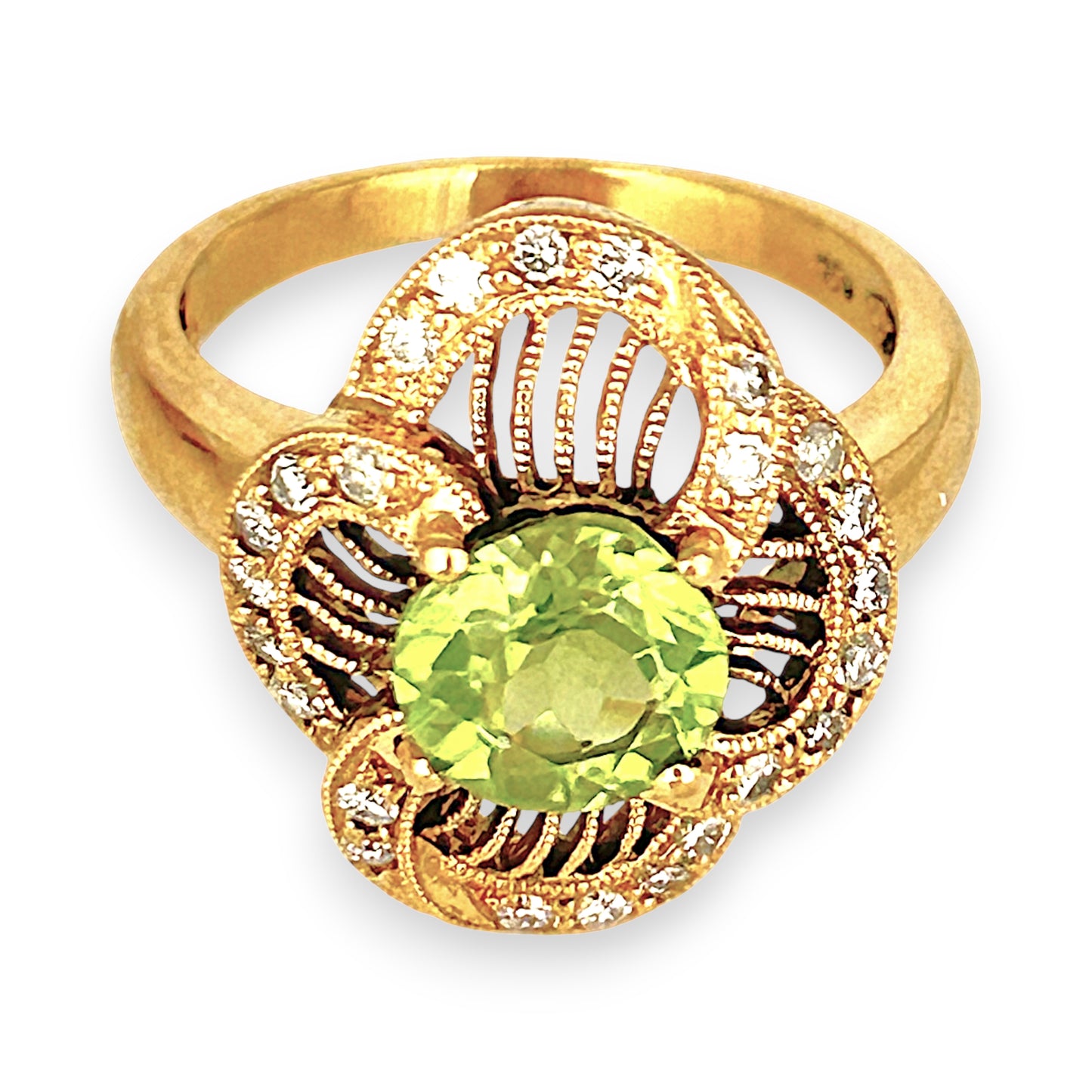 XMAS DEAL | 18kt Gold Verde Éclat Peridot & Diamond Filigree Ring Valuation $4,400