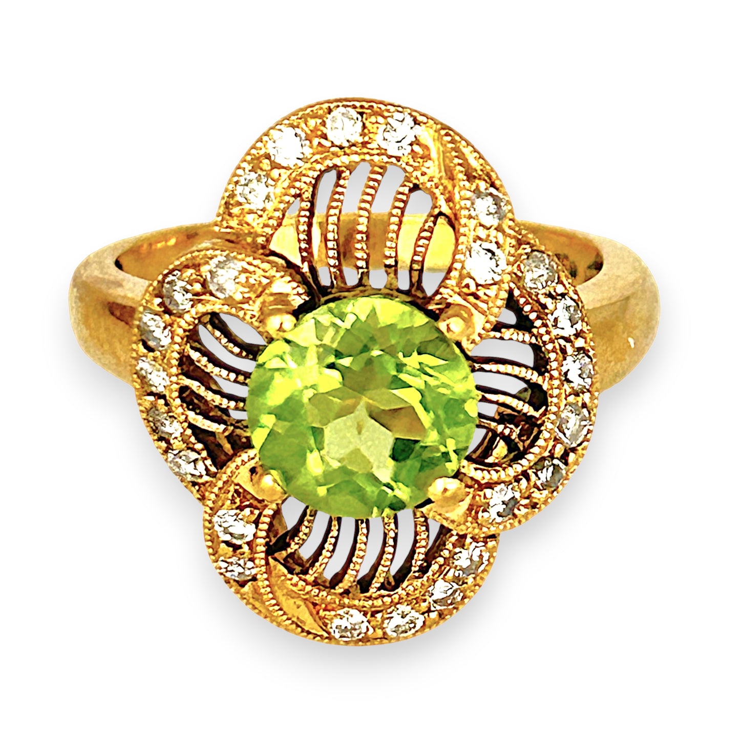 XMAS DEAL | 18kt Gold Verde Éclat Peridot & Diamond Filigree Ring Valuation $4,400