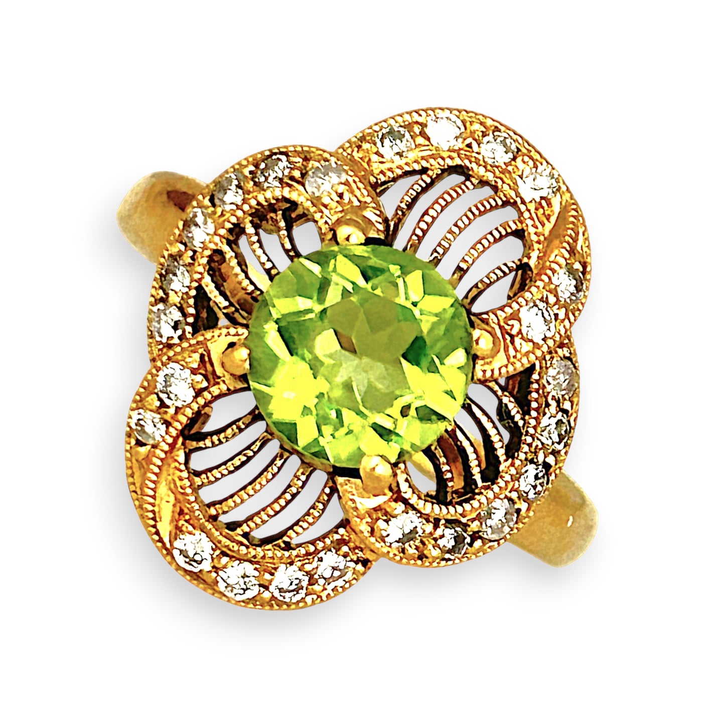 XMAS DEAL | 18kt Gold Verde Éclat Peridot & Diamond Filigree Ring Valuation $4,400