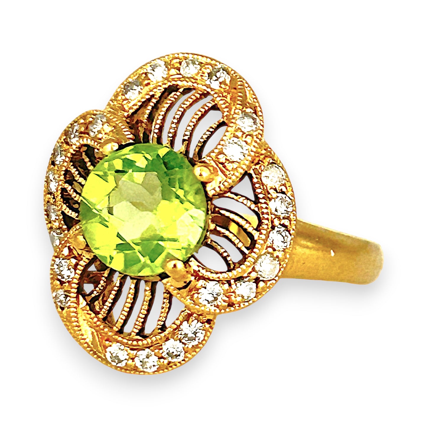 XMAS DEAL | 18kt Gold Verde Éclat Peridot & Diamond Filigree Ring Valuation $4,400