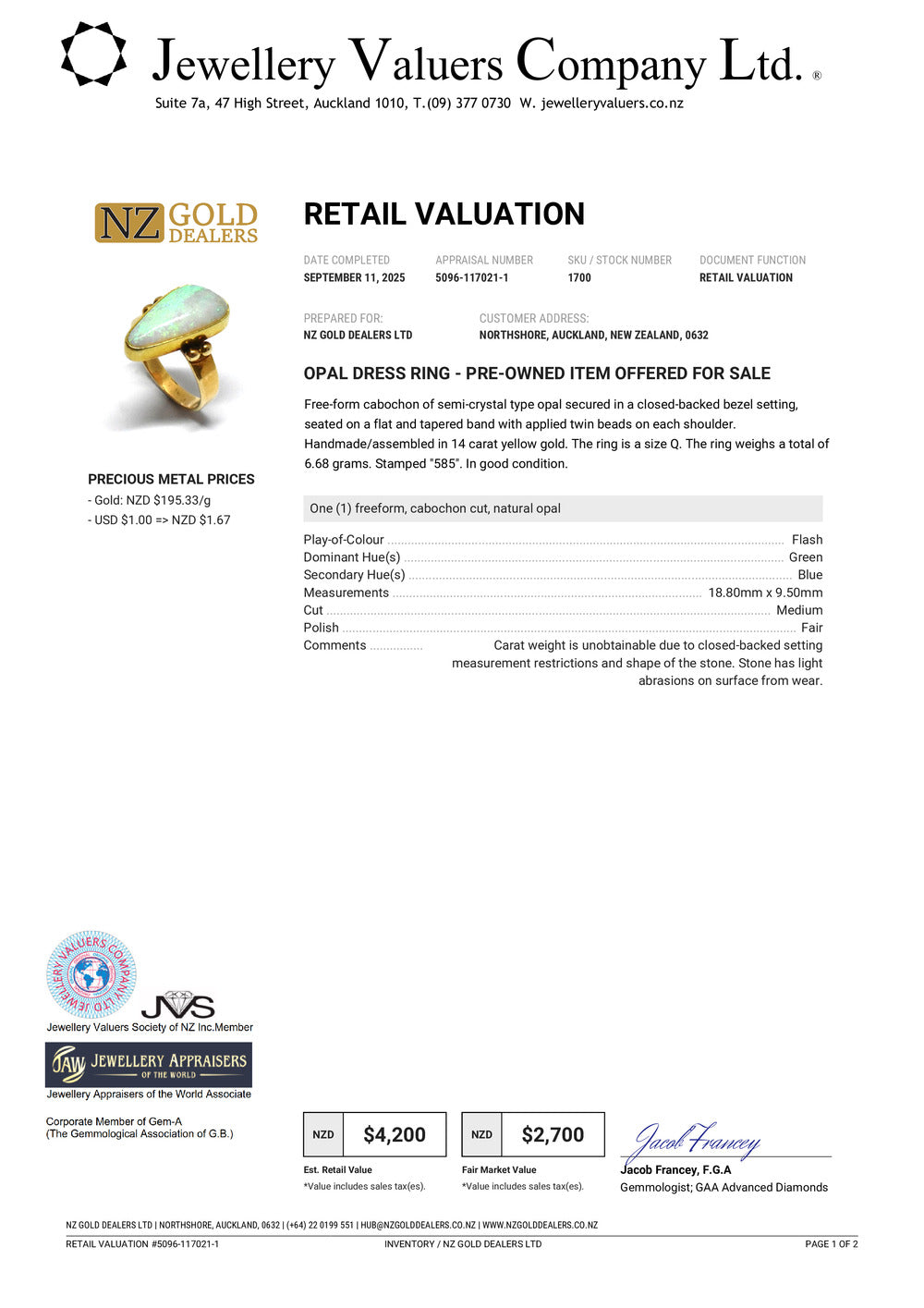 GOLD DEAL | 14ct (14K) Gold Aurora Bloom Opal Ring Valuation $4,200