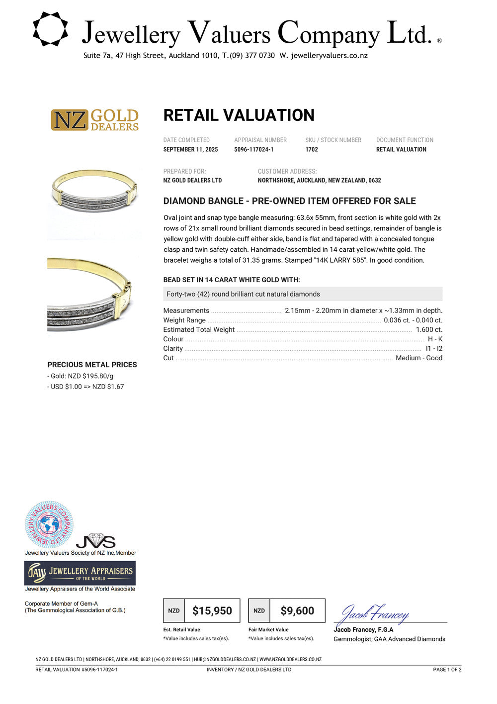 GOLD DEAL | 14ct (14K) Y/W Gold Lustre Line Bangle with 1.60ct Diamonds Valuation $15,950