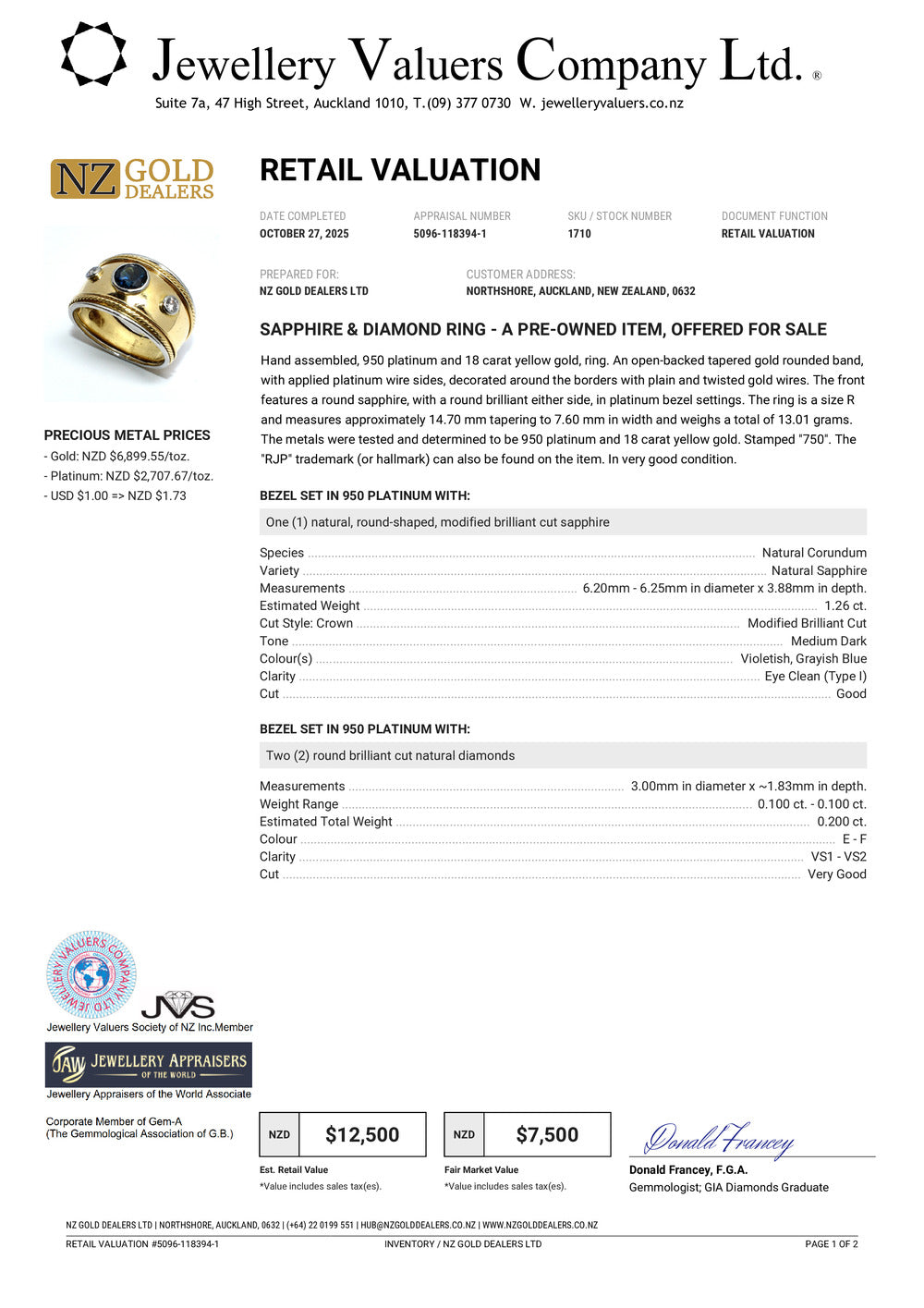 XMAS DEAL | 18kt Gold & Platinum Royal Crest Sapphire & Diamond Ring Valuation $12,500