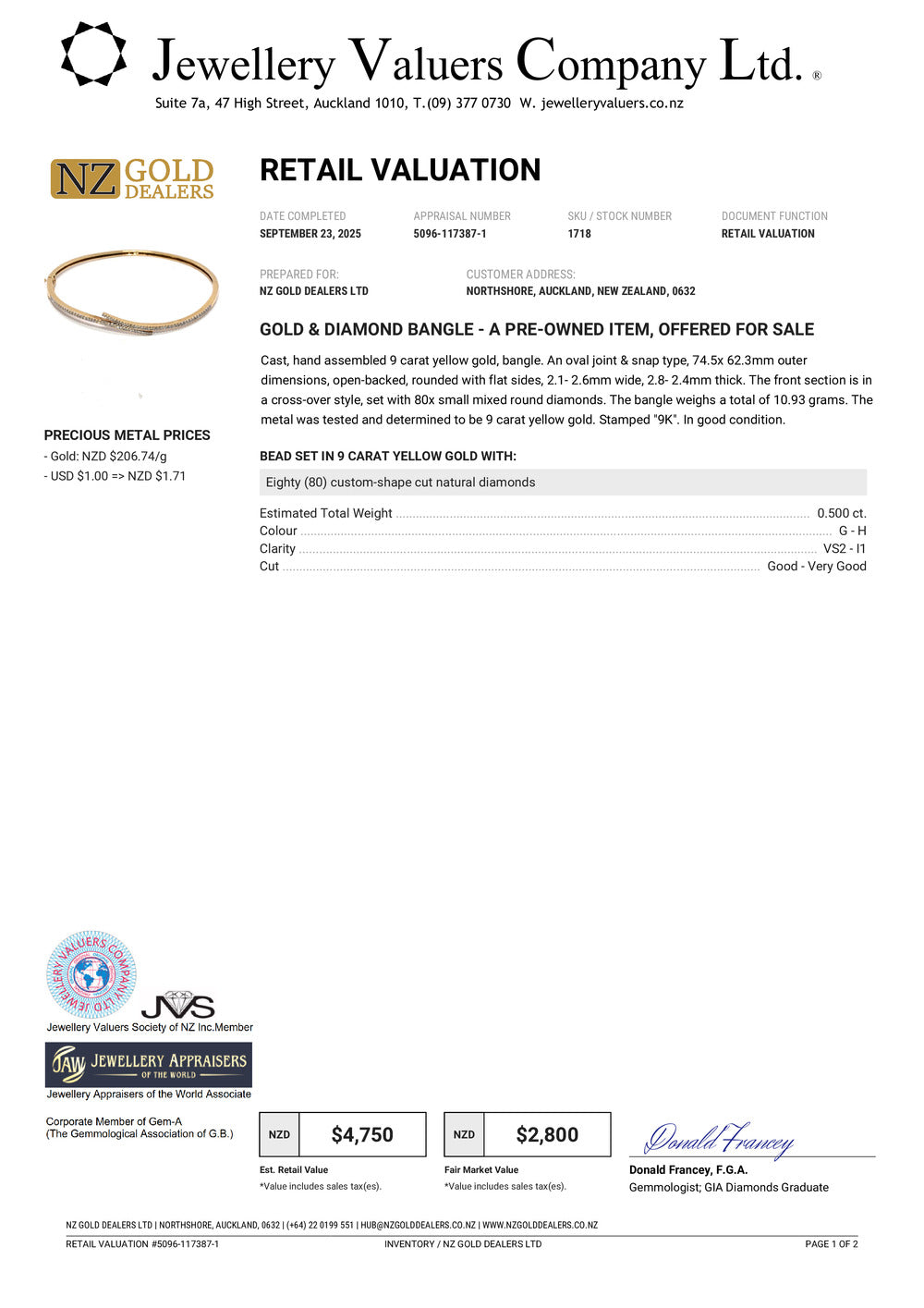 GOLD DEAL | 9ct (9K) Gold Diamond Crosslight Oval Bangle 70.3mm Valuation $4,750