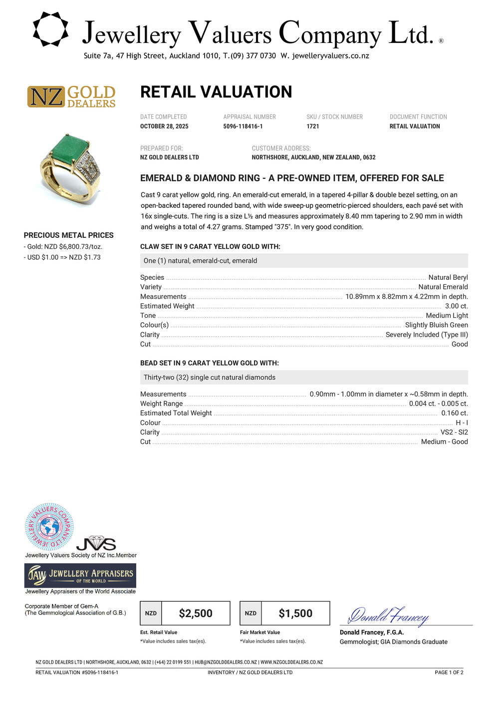 GOLD DEAL | 9ct Gold Emerald Majesty Ring Valuation $2,500