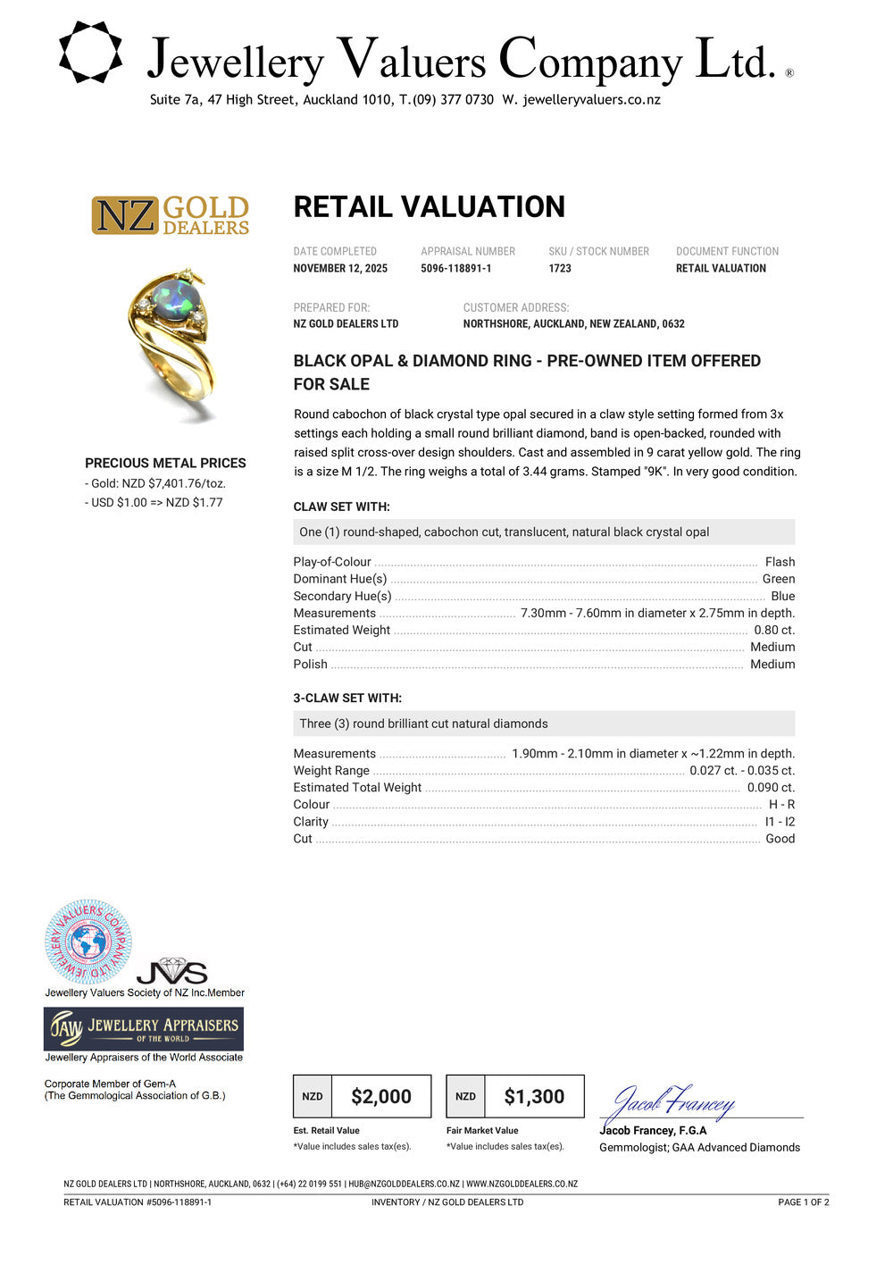 GOLD DEAL | 9ct Gold Midnight Flame Black Opal Ring Valuation: $2,000