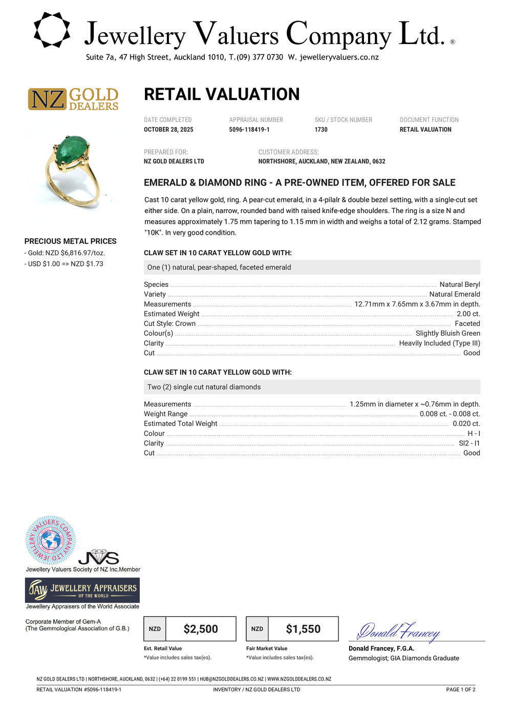 GOLD DEAL | 10ct Gold Emerald Teardrop Ring with Diamonds Valuation $2,500