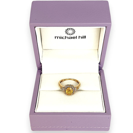 XMAS DEAL | 10kt Gold Michael Hill Yellow Sapphire & Diamond Halo Ring Valuation $3,250
