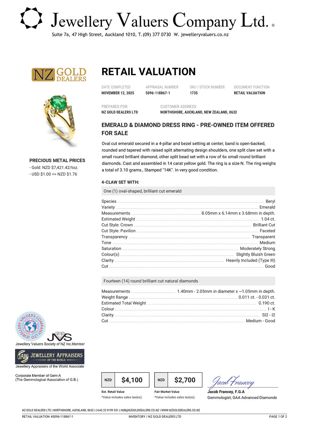 XMAS DEAL | 14kt Gold Verdant Embrace Ring Valuation $4,100