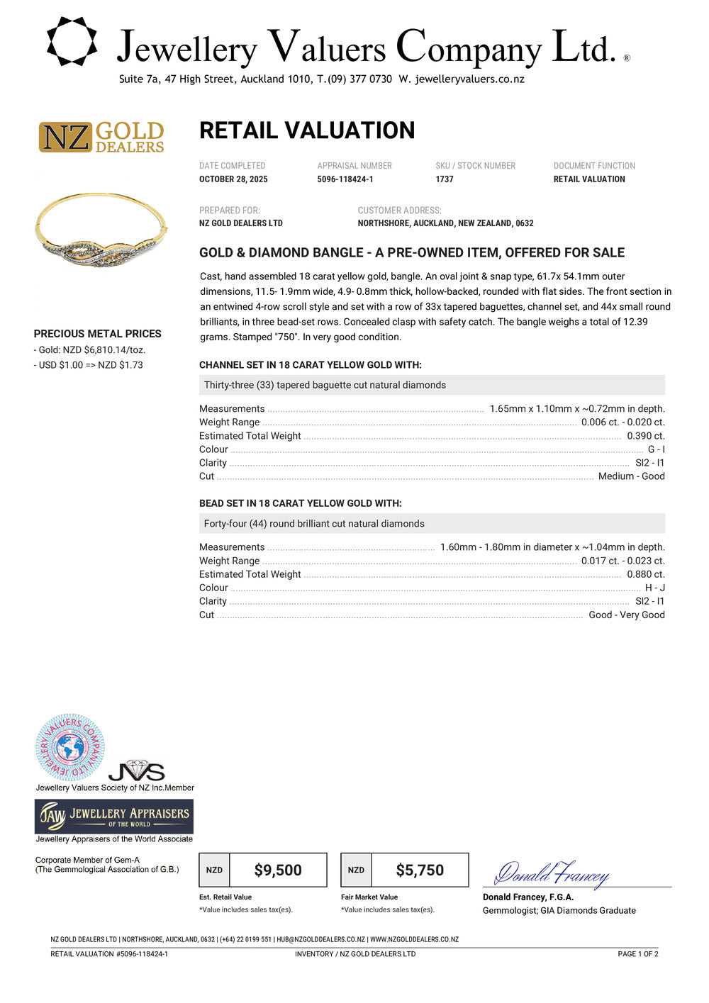 XMAS DEAL | 18kt Gold Diamond Infinity Bangle Valuation $9,500 TDW1.27ct.