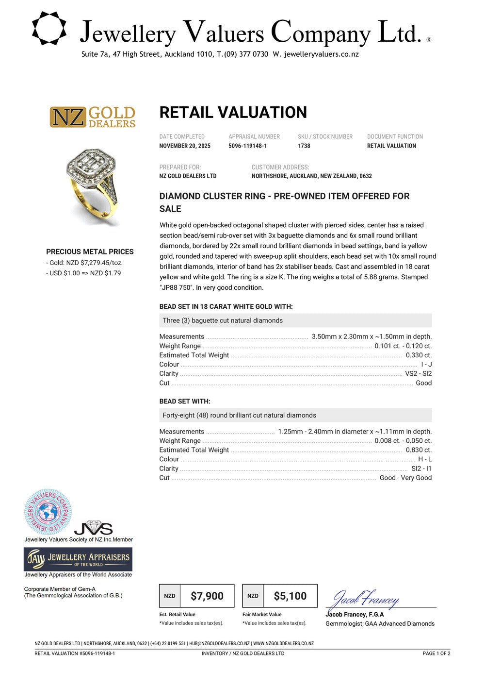 XMAS DEAL | 18kt Y/W Gold Regal Brilliance Diamond TDW 1.16ct. Valuation $7,900
