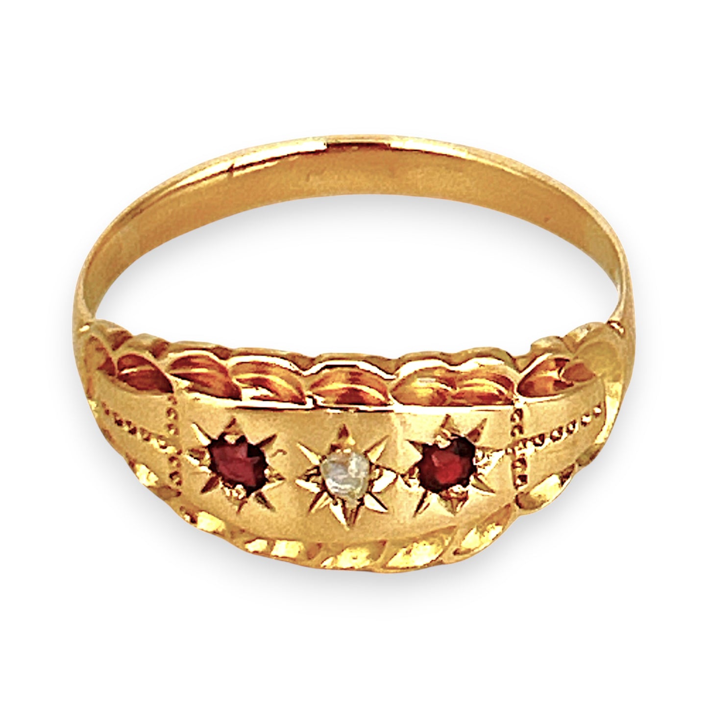 XMAS DEAL | 18kt Gold Solara Vintage Ring with Garnets & Diamond Size Q