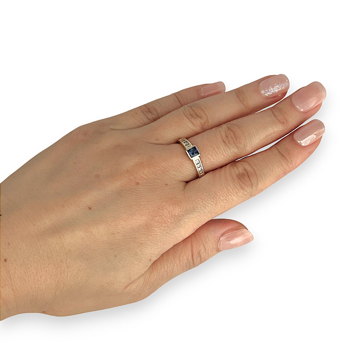 GOLD DEAL | 18ct (18K) Y/W Gold Blue Sapphire & Princess Cut 0.48ct Diamond Ring Size N