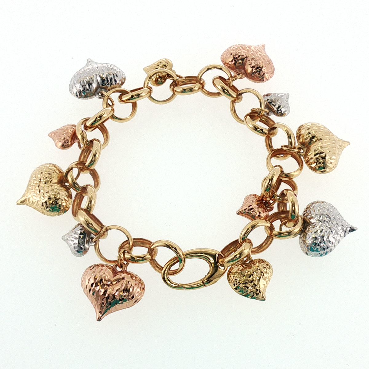 NZGD | 18ct Gold Tri-Color Textured Heart Charm Bracelet 19cm
