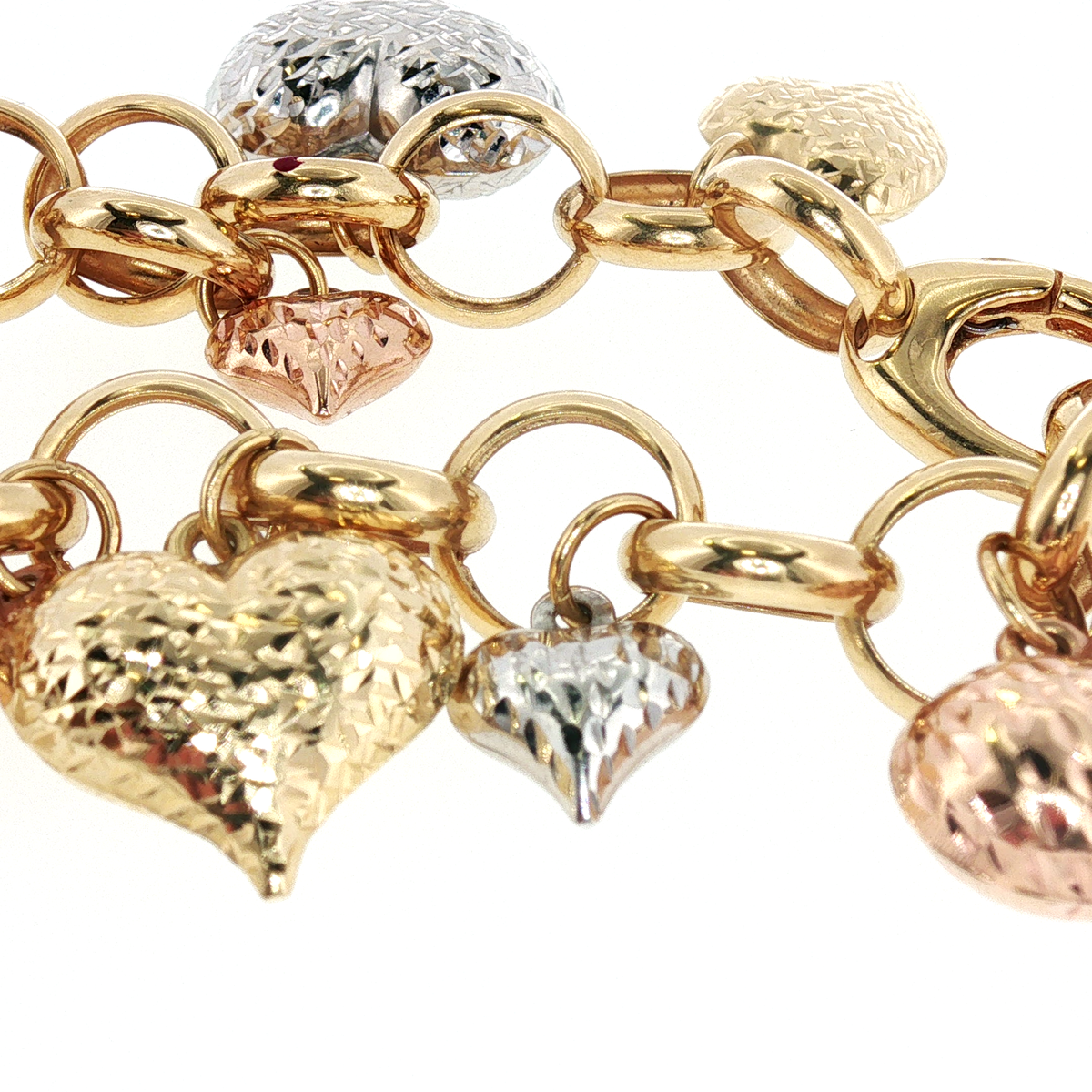 NZGD | 18ct Gold Tri-Color Textured Heart Charm Bracelet 19cm