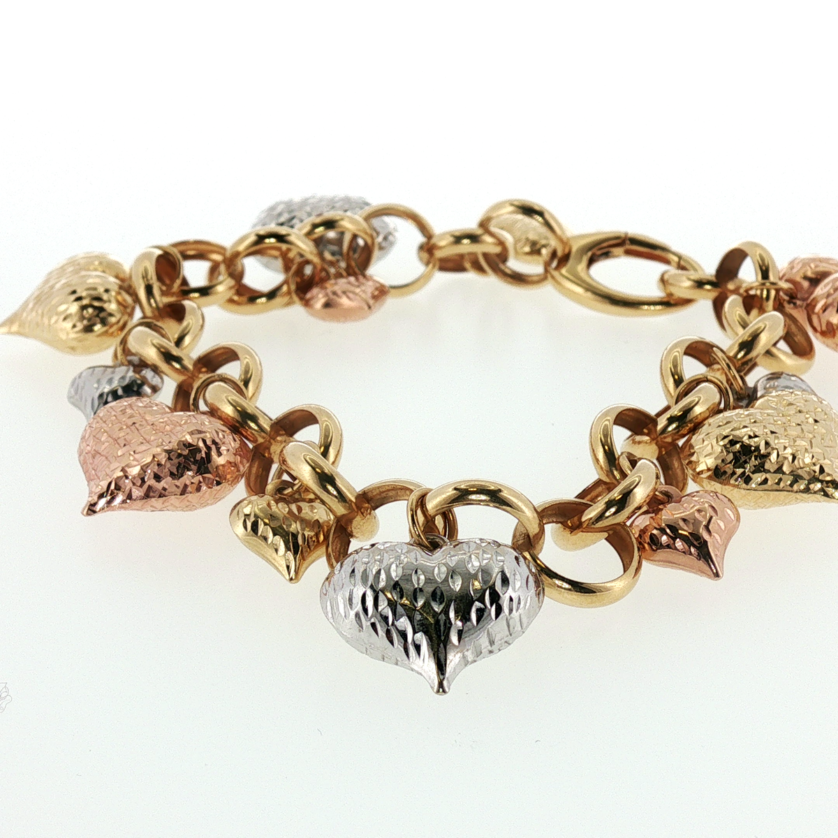 NZGD | 18ct Gold Tri-Color Textured Heart Charm Bracelet 19cm