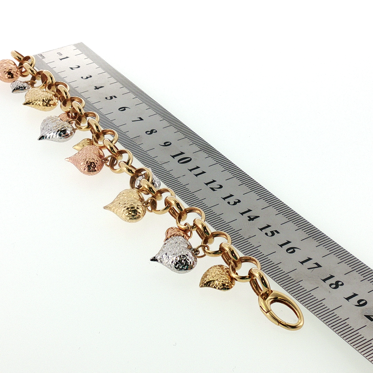 NZGD | 18ct Gold Tri-Color Textured Heart Charm Bracelet 19cm