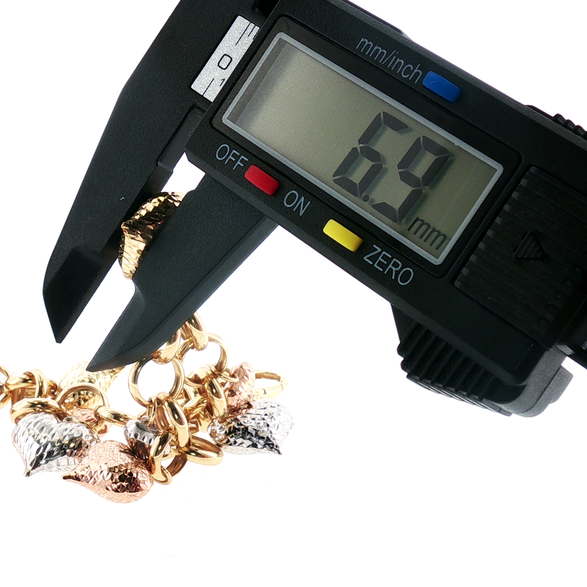 NZGD | 18ct Gold Tri-Color Textured Heart Charm Bracelet 19cm