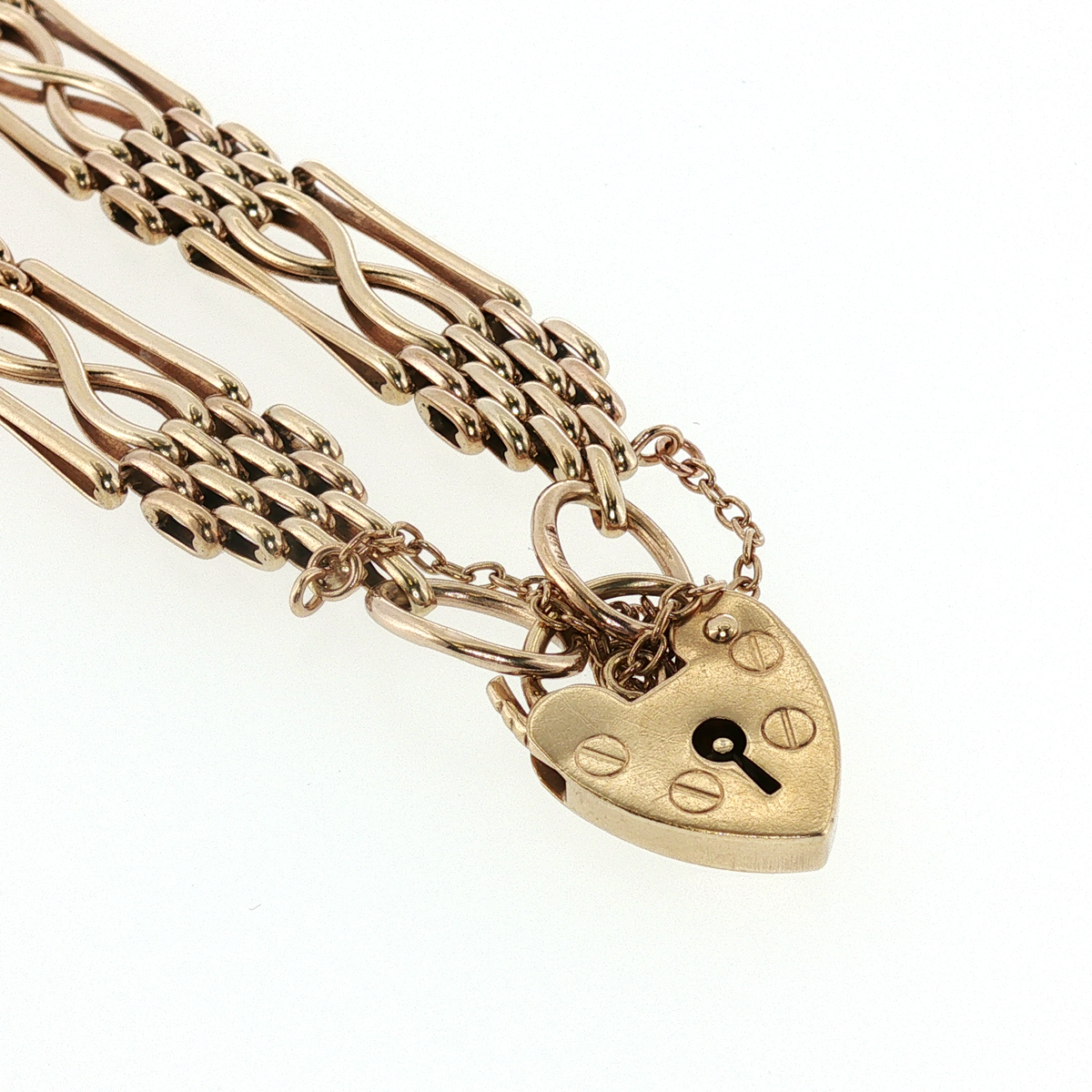 NZGD | 9ct Gold Bar Gate Link Bracelet with Heart Padlock 18cm