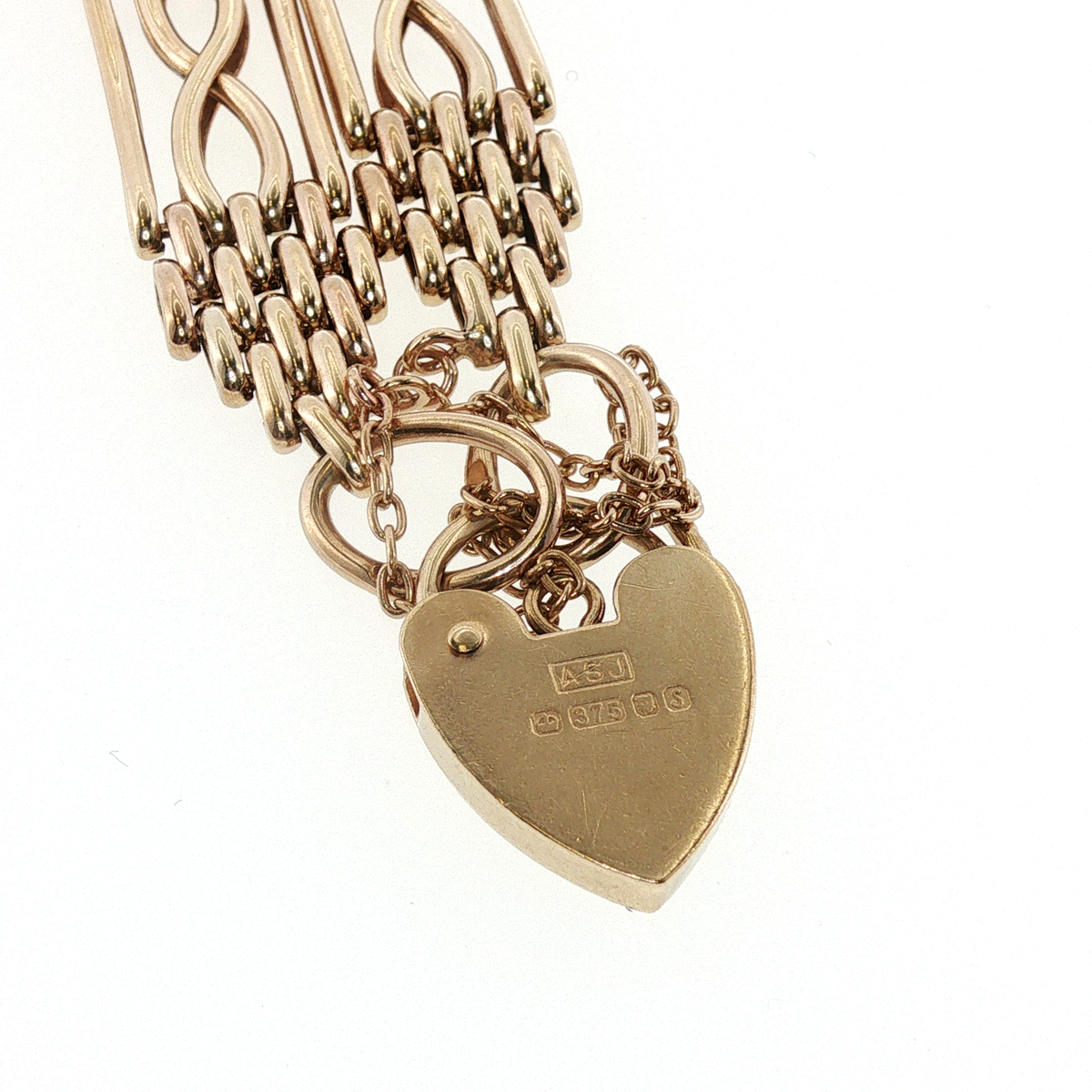 NZGD | 9ct Gold Bar Gate Link Bracelet with Heart Padlock 18cm