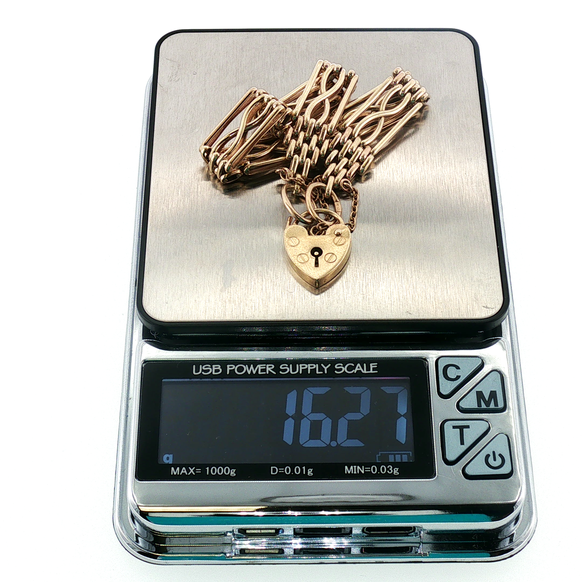 NZGD | 9ct Gold Bar Gate Link Bracelet with Heart Padlock 18cm
