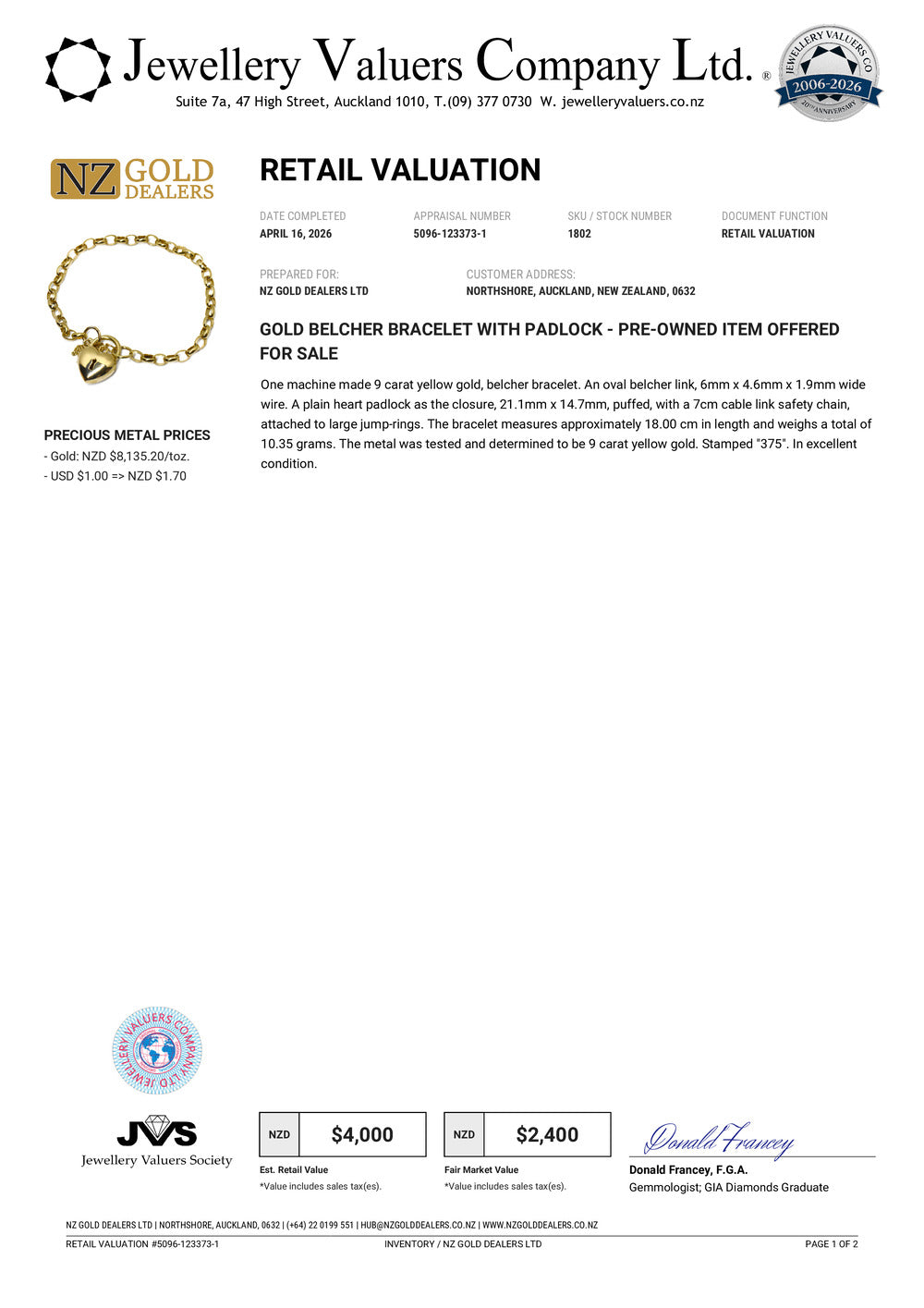NZGD | 9ct Gold Ever‑Grace Belcher Bracelet with Padlock Valuation $4,000