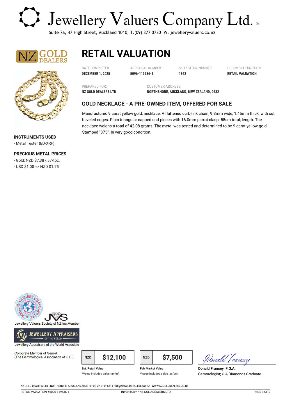 GOLD DEAL | 9kt Gold Empire Flat Curb Chain Valuation $12,100