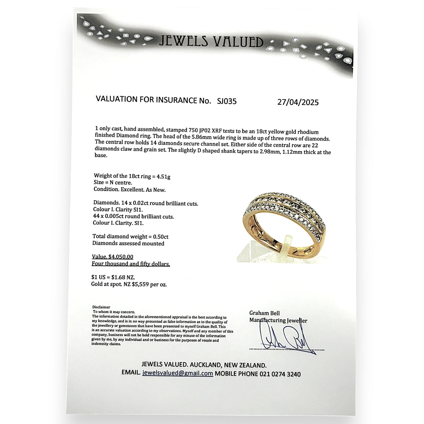 18ct Gold 3 Channel 0.50ct Diamond Set Ring Valuation $4,050. R # 210
