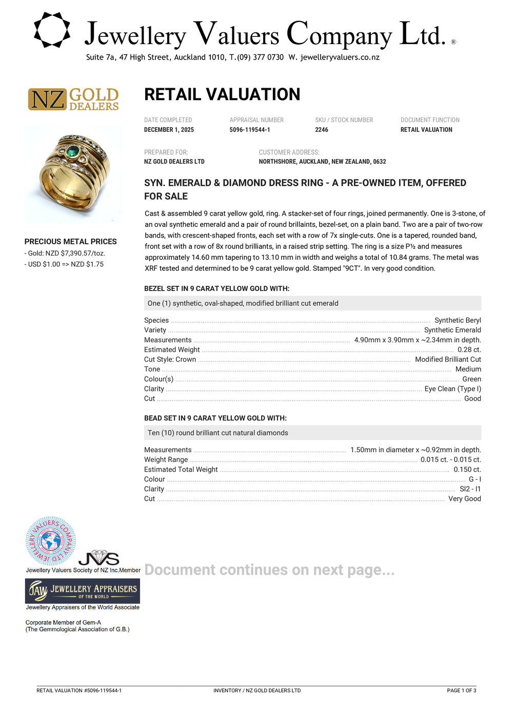 GOLD DEAL | 9kt Gold Emerald & Diamond Harmony Ring Valuation $5,400