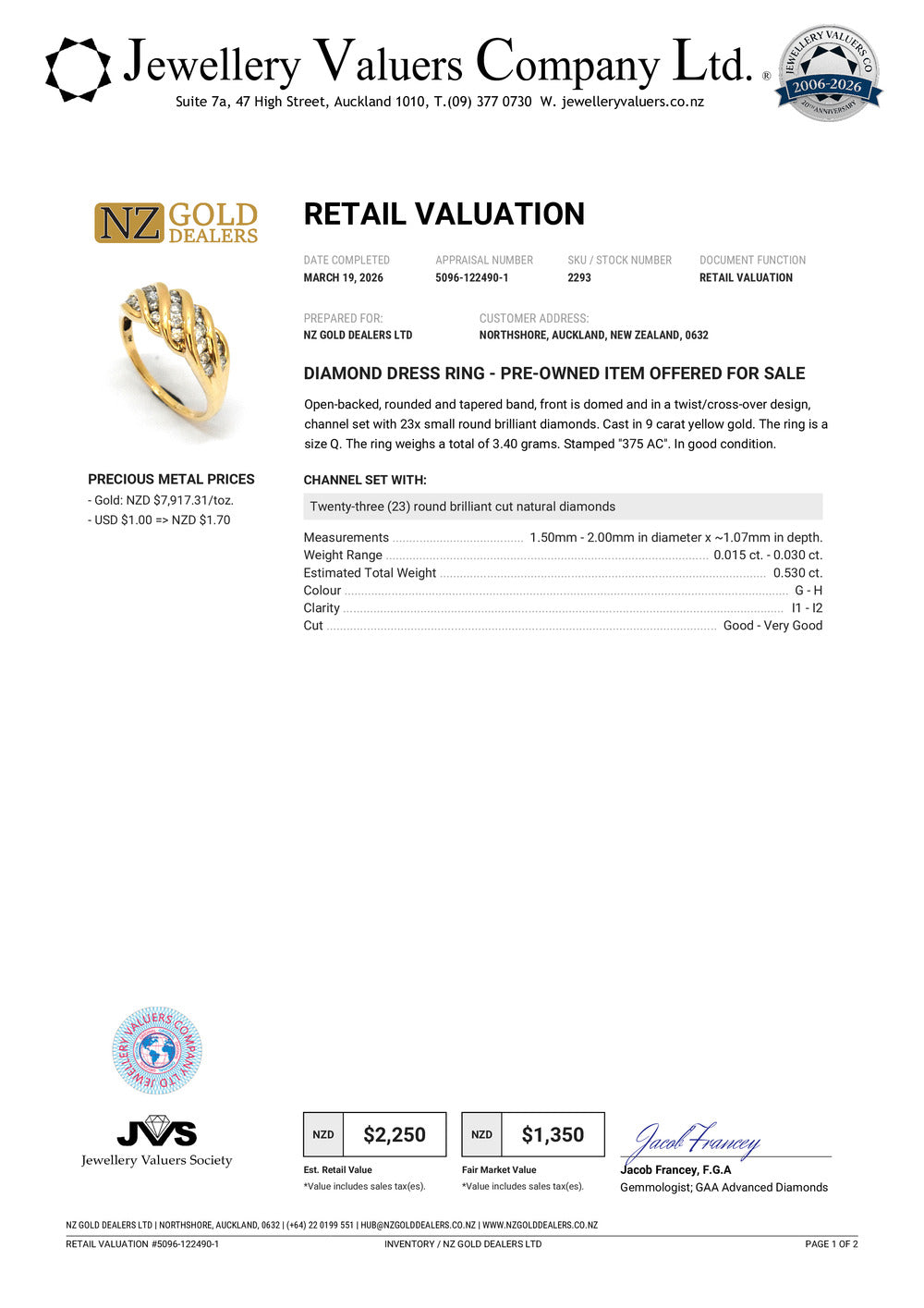 GOLD DEAL | 9ct (9kt) Gold Eternal Wave Diamond Ring Valuation $2,225