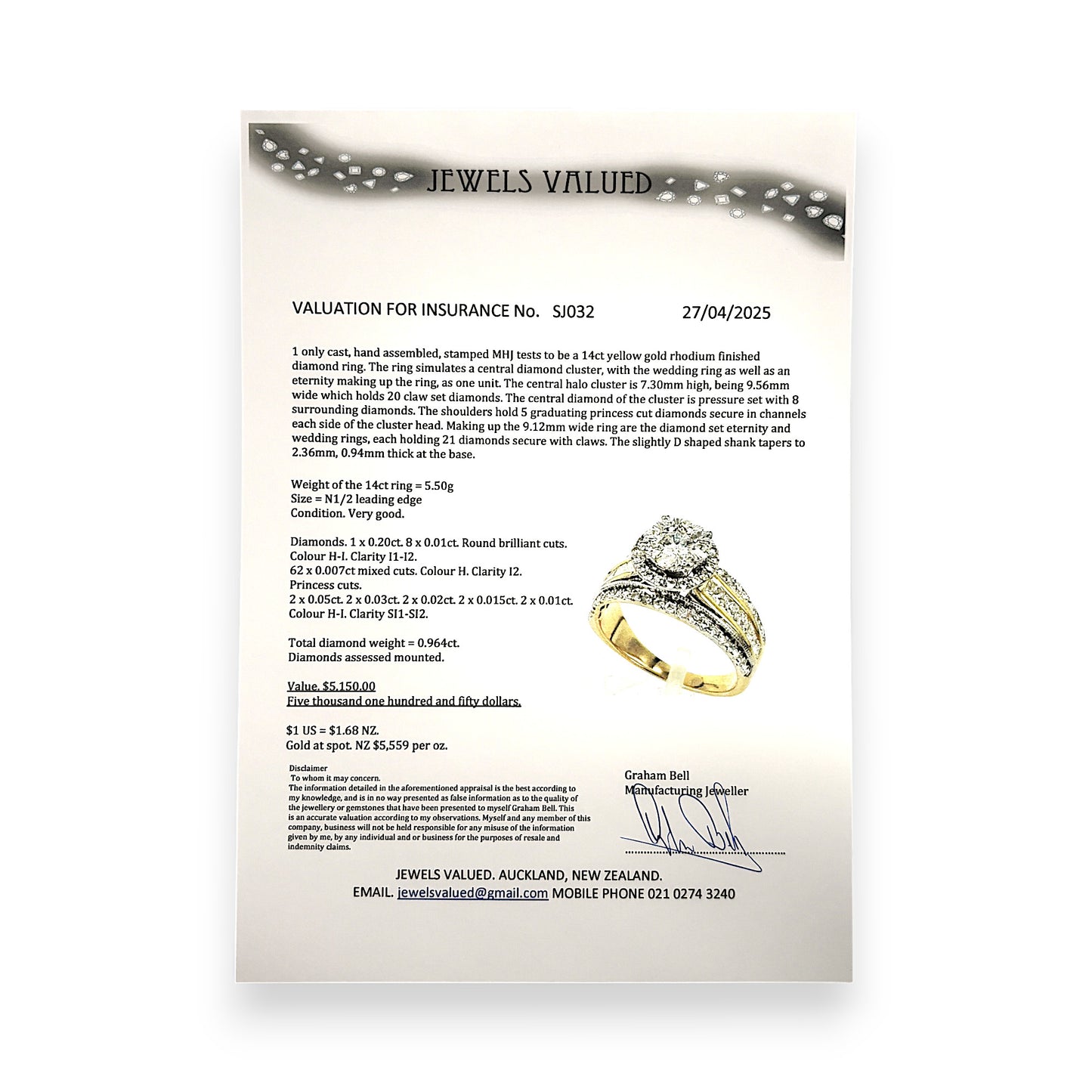 14ct Gold Diamond Cluster Wedding & Eternity Ring Valuation $5,150. R # 230