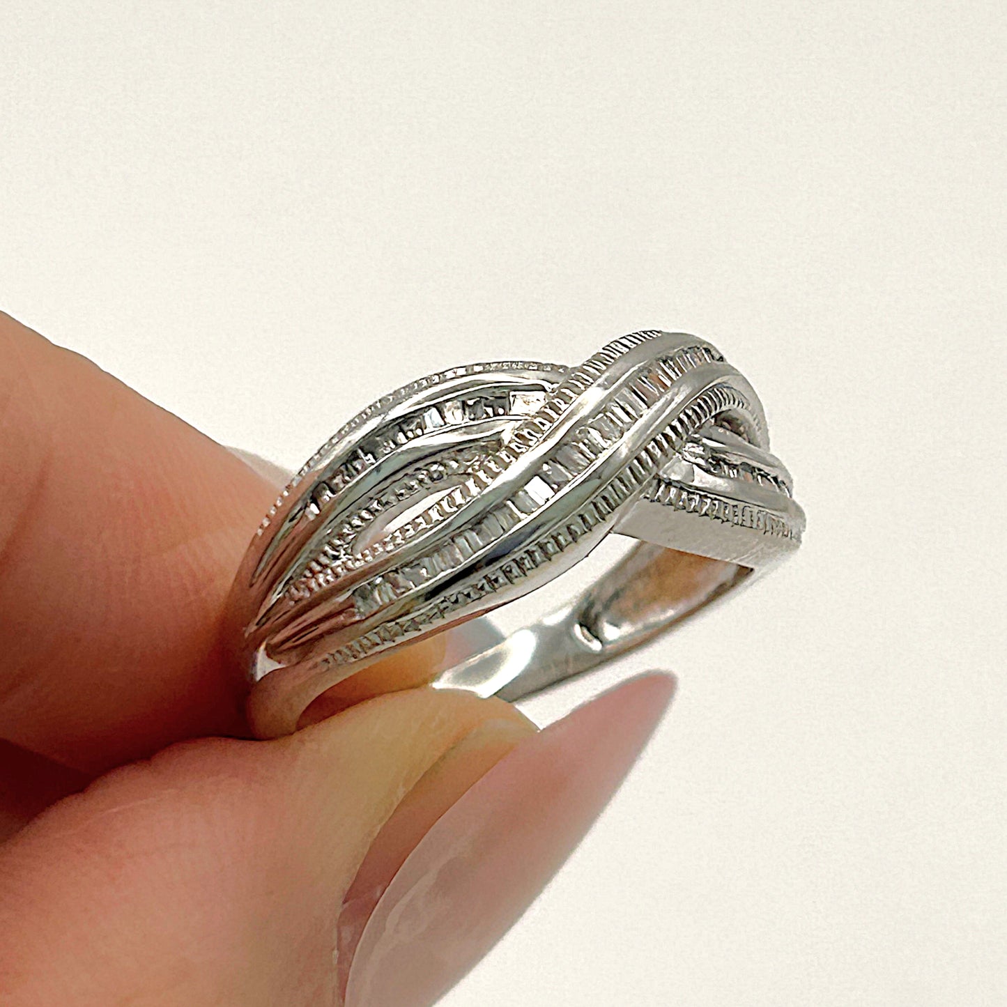 GOLD DEAL | 9kt White Gold Frosted Diamond Weave Ring Valuation $2,300