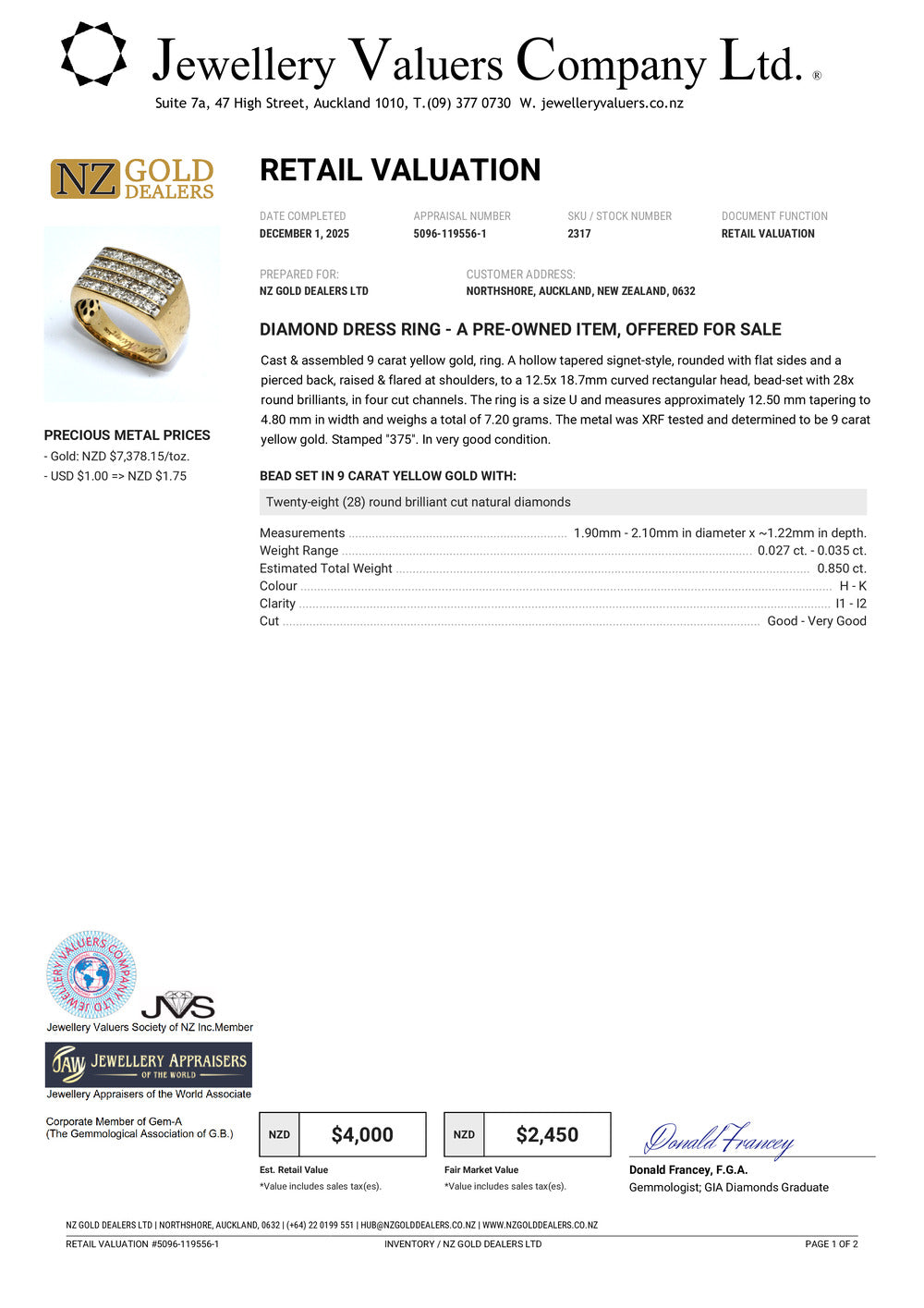 GOLD DEAL | 9kt Gold Radiance Signet Ring with Diamonds TDW 0.85ct.Valuation $4,000
