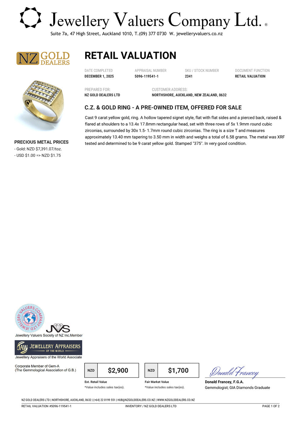 NZGD | 9ct Gold Refurbished Brilliance Signet Ring Valuation $2,900